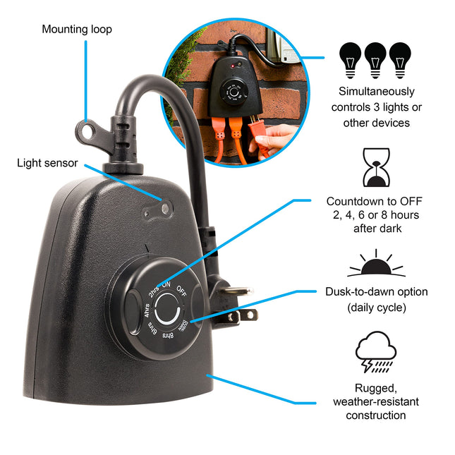 GE Outdoor Timer with Dusk-to-Dawn Sensor - 3 Grounded Outlets, 8/6/4/2hr Countdown, Weather-Resistant, Black, 1 Pack