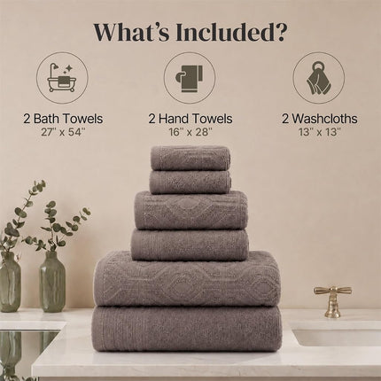 Modern Threads 6 Piece Set, 2 Bath Towels, 2 Hand Towels, 2 Washcloths Yarn Dyed Diamond Gate Jacquard Towel Set Taupe