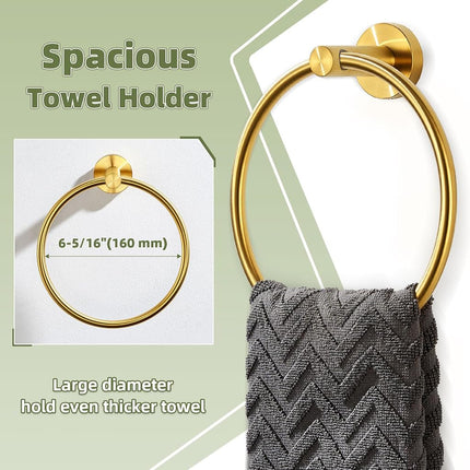 APLusee Hand Towel Ring Brushed Gold, SUS 304 Stainless Steel Round Towel Holder for Contemporary Bathroom Toilet Kitchen Storage, Wall Mounted