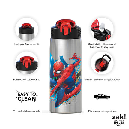Zak Designs 27oz Marvel 18/8 Single Wall Stainless Steel Water Bottle with Flip-up Straw Spout and Locking Spout Cover, Durable Cup for Sports or Travel (27oz, Spider-Man)