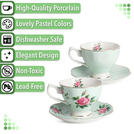 BTäT- Floral Tea Cups and Saucers, Set of 2 (Green - 8 oz) with Gold Trim and Gift Box, Coffee Cups, Floral Tea Cup Set, British Tea Cups, Porcelain Tea Set, Tea Sets for Women, Latte Cups