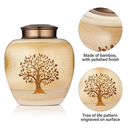 Small Urns for Human Ashes Adult Male Female,Small Keepsake Urns for Human Ashes Tree of Life Pattern Engraved,Memorial Cremation Urns for Human Ashes Adult Female Male Made of Bamboo