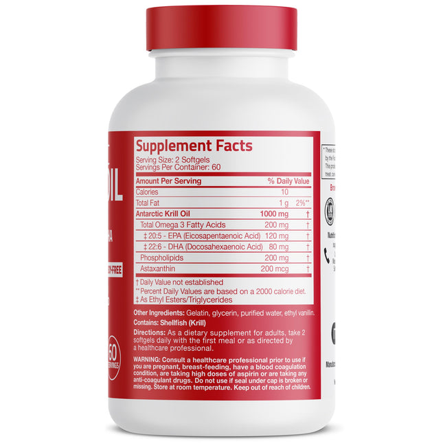 Bronson Antarctic Krill Oil 1000 mg with Astaxanthin, 120 Softgels (60 Servings)