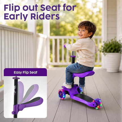 Hurtle 3-Wheeled Scooter for Kids - Wheel LED Lights, Adjustable Lean-to-Steer Handlebar, and Foldable Seat - Sit or Stand Ride with Brake for Boys and Girls Ages 1-14 Years Old
