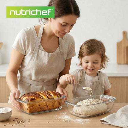 NutriChef 2 Sets Loaf Pan - 62.07oz Stackable Superior Premium Glass Meal-prep Food Container w/Airtight Locking Lid, BPA-Free Leakproof, Freezer-to-Oven-Safe, for Bread, Cake & Pastries
