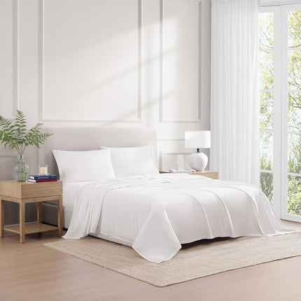 Tommy Hilfiger - Sheet Set, Cotton Percale Bedding with Matching Pillowcase, Crisp & Cool, Solid Design with Hem Stripe (White/Blue, Twin)