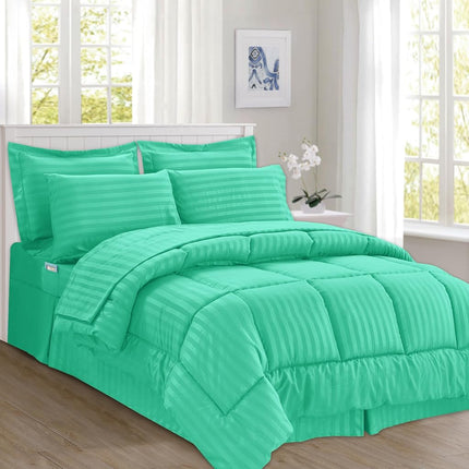 Elegant Comfort Silky Soft 8-Piece Dobby Stripe Bed-in-a-Bag Comforter Set, Includes 4pc Smart Sheet Set, Bed Skirt, Comforter, Matching Pillowcases and Shams - Twin/Twin XL, Paradise Teal