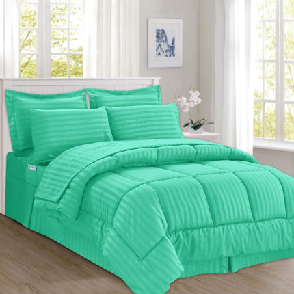 Elegant Comfort Silky Soft 8-Piece Dobby Stripe Bed-in-a-Bag Comforter Set, Includes 4pc Smart Sheet Set, Bed Skirt, Comforter, Matching Pillowcases and Shams - Twin/Twin XL, Paradise Teal