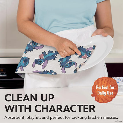 Disney Kitchen Towels – 2-Pack 100% Cotton Kitchen Towels Set – 16" x 26" Soft & Absorbent Dish Towels – Mickey, Minnie & Stitch Designs – Durable, Machine Washable (Stitch)