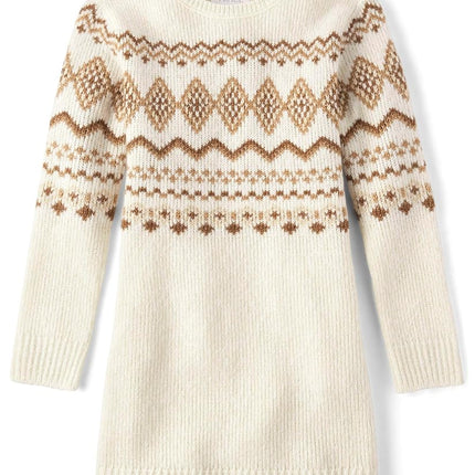 The Children's Place Girls' Big Sweater Dress, Cream Fairisle, Large