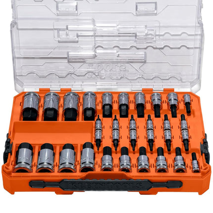 Klein Tools 65233HEX Hex Bit Socket Set, 1/4, 3/8, 1/2-Inch Drives, Knurled, SAE (5/64 to 3/4 inch) and Metric (2 to 19mm) with MODbox Case, 32-Piece