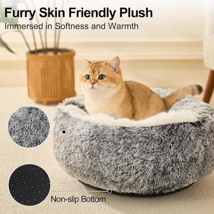 MADDEMCUTE Calming Dog & Cat Cave Bed With Hooded Cover, Removable Washable Round for Small Medium Pets, Anti-Slip Faux Fur Fluffy Coved for Improved Sleep, Fits up to 15/25 lbs (Grey, S)