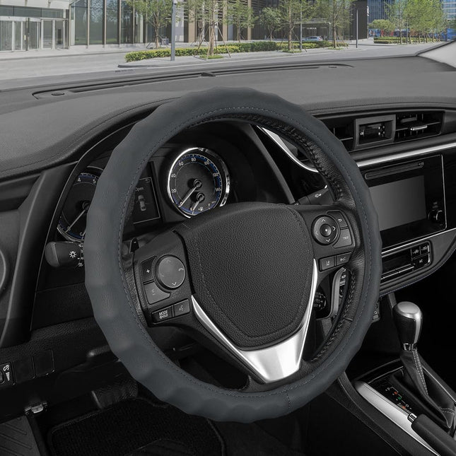 BDK Genuine Gray Leather Steering Wheel Cover for Car, Medium (14.5" - 15.5") – Ergonomic Comfort Grip for Men & Women, Universal Fit Car Steering Wheel Cover for Most Vehicles