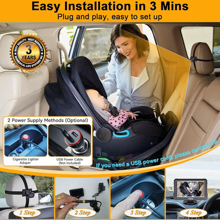Yakry Baby Car Camera for Backseat - HD 1080P, 170° Wide Angle, Night Vision, 360° Rotation, Safe for Babies, Easy Install, Rear-Facing Baby Car Mirror for Parents