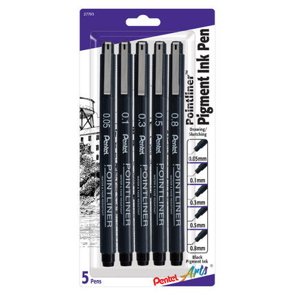 Pentel Arts Pointliner Drawing Pen, 5-Pack, Assort