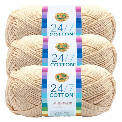 Fil de coton Lion Brand 24/7, fil pour tricot, crochet et artisanat, écru, lot de 3