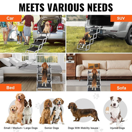 VEVOR Dog Stair for Cars, Wide 4-Step Car Ramp With Nonslip Surface, Portable Pet Steps, Lightweight Aluminum for SUV and Truck, Supports up to 68.1kg