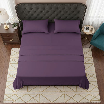 Elegant Comfort Luxurious 1500 Premium Hotel Quality Microfiber Three Line Embroidered Softest 5-Piece Bed Sheet Set, Wrinkle and Fade Resistant, Split King, Purple