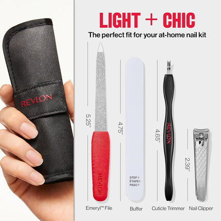 Revlon Nail Care Set with Travel Case, Dual Ended Cuticle Trimmer, Curved Blade Nail Clipper, Compact Emery Nail File and Buffer, Red, 1 Count