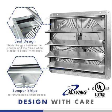 iLIVING 20" Wall Mounted Shutter Exhaust Fan, Automatic Shutter, with Thermostat and Variable Speed controller, 2.2A, 3368 CFM, 5000 SQF Coverage Area Silver (ILG8SF20V-ST)
