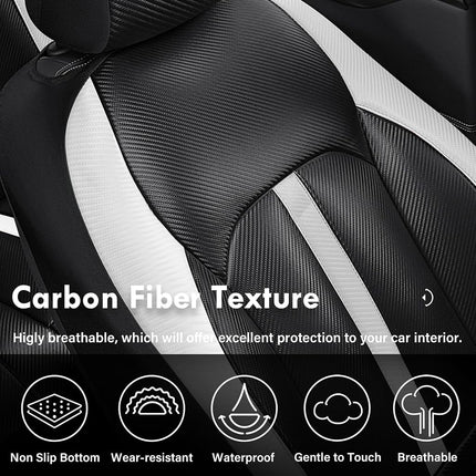 Fundas de asiento de cuero Coverado, juego completo y fibra de carbono, protector impermeable y duradero para todo tipo de clima, ajuste universal para SUV, camioneta, sedán, interior de vehículos automotrices, blanco y negro