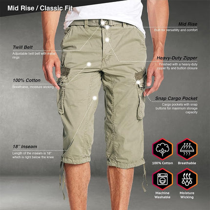 X RAY Men's Belted Cargo Long Shorts 18" Inseam Below Knee Length Multi Pocket 3/4 Capri Pants (Big and Tall Shorts for Men), Orange Camo, 36