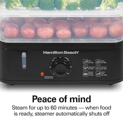 Hamilton Beach Electric Food Steamer, Rice Cooker & Egg Boiler for Quick, Fast Healthy Cooking with Stackable Three-Tier Bowls for Vegetables and Seafood, 9.5 Quarts, Auto Shutoff, Black (37430)