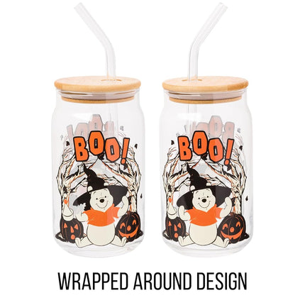 Silver Buffalo Disney Winnie The Pooh Halloween Spooky Boo Witch Hat Jack-o-Lantern Glass Jar Tumbler with Bamboo Lid and Glass Straw, 16 Ounces