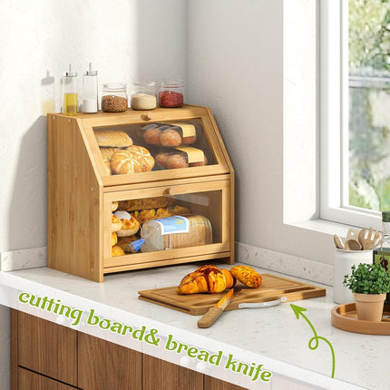 BMOSU Bread Box With Cutting Board - Kitchen Storage Organizer, Farmhouse Countertop Double Bamboo Wood Box (Natural)