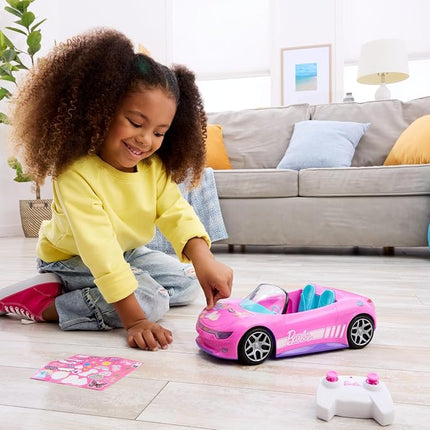 Hot Wheels Barbie RC Toy Car, Remote-Control Pink Convertible, Can Hold 2 Barbie Fashion Dolls & Trunk Opens for Storage, Sticker Sheet for Customizing