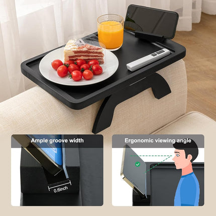 SINWANT Sofa Armrest Tray, Clip On Couch Arm Table, Foldable Sofa Arm Tray with 360° Rotating Phone Holder and Stable Sofa Table for Eating and Drink, Black