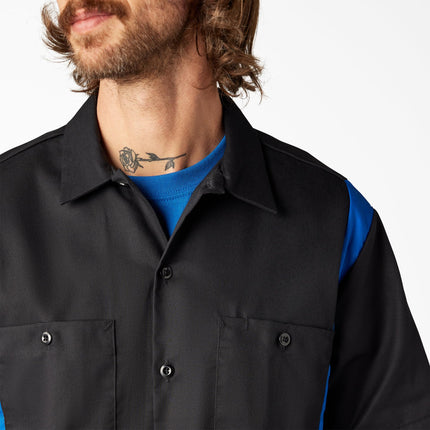 Dickies Men's Two-Tone Short Sleeve Work Shirt, Black, Royal, Medium
