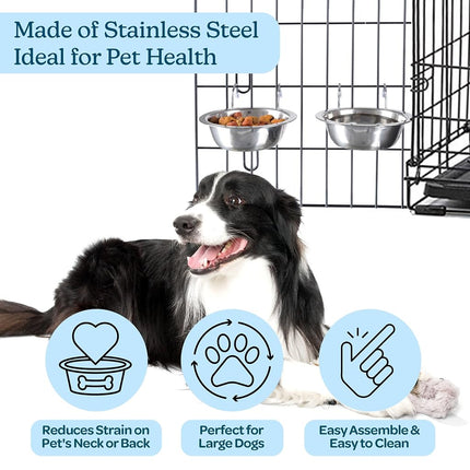 Set of 2 Stainless-Steel Dog Bowls - Cage, Kennel, and Crate Hanging Pet Bowls for Food and Water - 48oz Each and Dishwasher Safe by PETMAKER