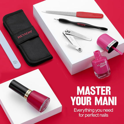 Revlon Nail Care Set with Travel Case, Dual Ended Cuticle Trimmer, Curved Blade Nail Clipper, Compact Emery Nail File and Buffer, Red, 1 Count