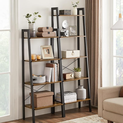 VASAGLE Ladder Shelf, 4-Tier Bookshelf, Storage Rack, Bookcase with Steel Frame, for Living Room, Home Office, Kitchen, Bedroom, Industrial Style, Rustic Brown and Black ULLS44X