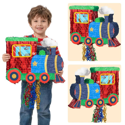 WERNNSAI Train Piñata - Train Themed Piñata with Pull String, Stick and Blindfold, for Birthday Decorations Party Supplies Carnivals Games Supplies (16.5"x12.4"x3")