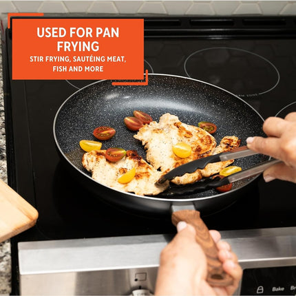 IMUSA Sartén de cerámica de aluminio de 12 pulgadas con mango de madera de tacto frío, negro - Imusa