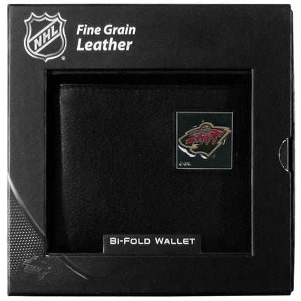 Cartera de piel NHL Minnesota Wild de dos pliegues, empaquetada en caja de regalo, negra