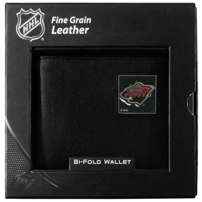 Cartera de piel NHL Minnesota Wild de dos pliegues, empaquetada en caja de regalo, negra