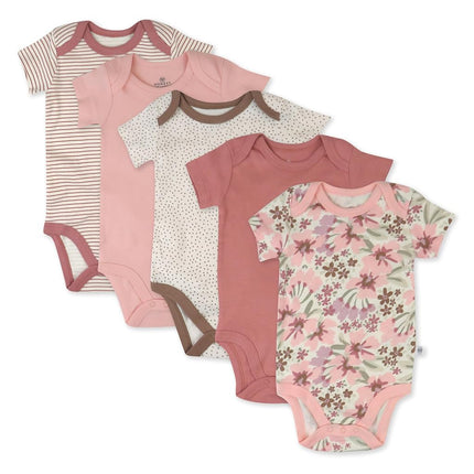 HonestBaby baby-girls 5-pack Short Sleeve Bodysuits One-piece 100% Organic Cotton for Infant Baby Girls, Painted Floral Pink, 18 Months