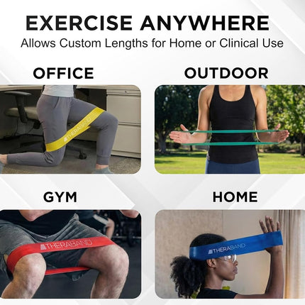 Lot de 4 bandes de résistance TheraBand, Kit de 4 boucles de 30 cm pour les entraînements des jambes et des fessiers, Niveaux débutant à avancé pour l'exercice, la rééducation, la physiothérapie, les étirements, la musculation