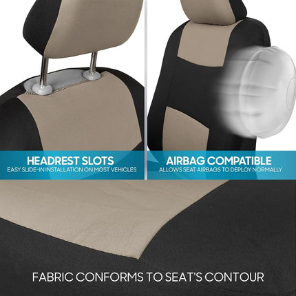 BDK PolyPro Car Seat Covers Full Set in Light Beige on Black, Front and Rear Split Bench Seat Covers for Cars, Easy to Install Car Seat Cover Set, Car Accessories for Auto Trucks Van SUV - Light Beige