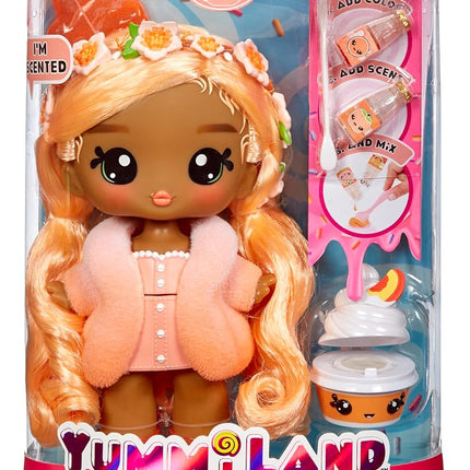 Yummiland Large Doll and Num Nom Lipgloss Pet - Piper Peach and Swirlyboo - Scented Character Doll with DIY Lipgloss Kit - Suitable for Kids Ages 4+