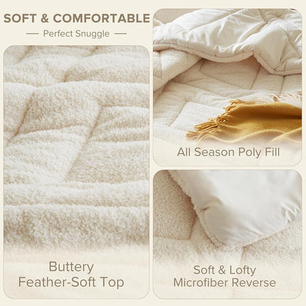 Comfort Spaces King Comforter Set Reversible Feather-Soft Plush Comforters for King Size Bed All Season Lightweight Shearling Fleece Sherpa Comforter King Size Bed Set, King/Cal King, Ivory 3 Piece