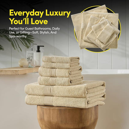 Serviettes de Bain Lot de 8 Serviettes – 100 % Coton Peigné – Bain + Mains + Gants de Toilette – Serviettes Douces et Absorbantes Certifiées Oeko-TEX avec Bords Doubles Cousus Durables pour Salle de Bain ou Spa d'Invités, Beige
