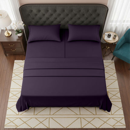 Elegant Comfort Luxurious 1500 Premium Hotel Quality Microfiber Three Line Embroidered Softest 5-Piece Bed Sheet Set, Wrinkle and Fade Resistant, Split King, Purple