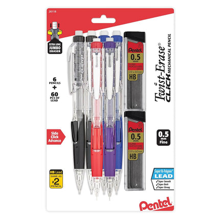 Pentel Twist Erase Click (0.5mm) 6 pack, with (0.5mm) lead 2 Pack