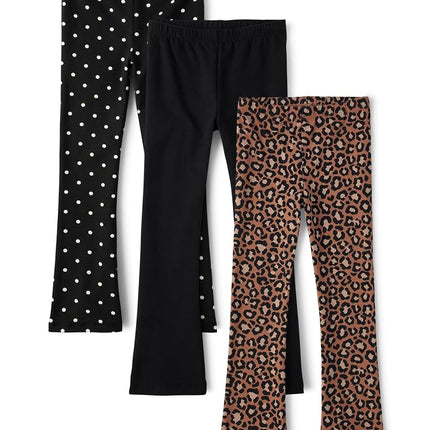 The Children's Place Girls' Flare Legging Pants 3-Pack Seasonal, Black | Cheetah Three Color_Pecan Pie | Two Color Dot_Black, Large