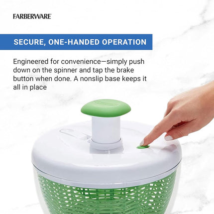 Farberware Easy to use pro Pump Spinner with Bowl, Colander and Built in draining System for Fresh, Crisp, Clean Salad and Produce, 6.6 Quart, Green