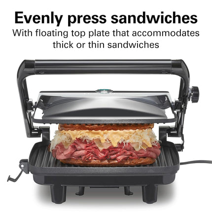 Prensa Panini Eléctrica Hamilton Beach con Tapa de Bloqueo, Apta para Sándwiches de Cualquier Grosor, Placas Antiadherentes de 20.3 x 25.4 cm, Acabado Cromado (25460A)